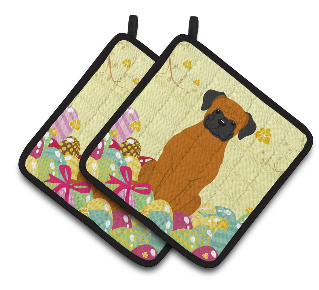 Caroline's Treasures Easter Eggs Fawn Boxer Pair of Pot Holders