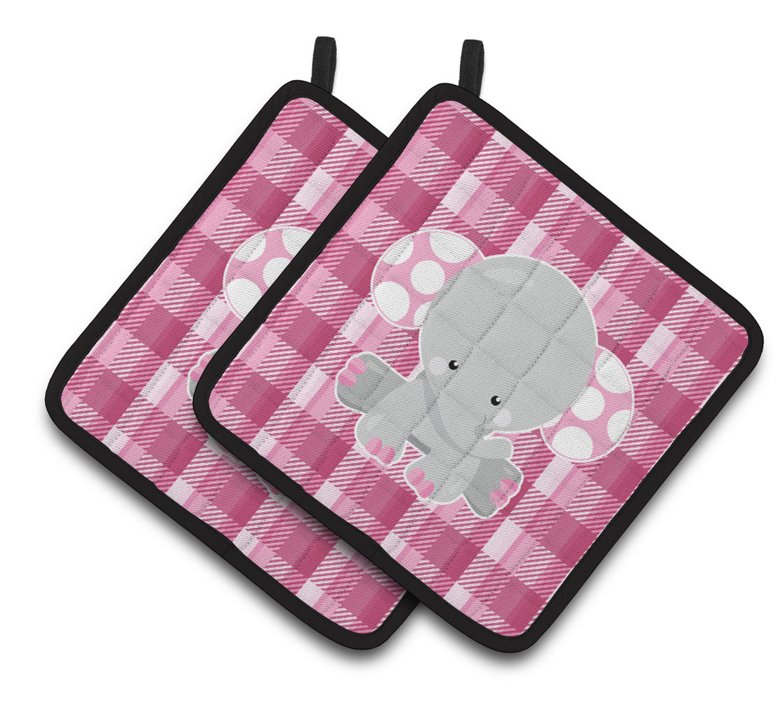 Caroline's Treasures Elephant Pink Gingham Pair of Pot Holders