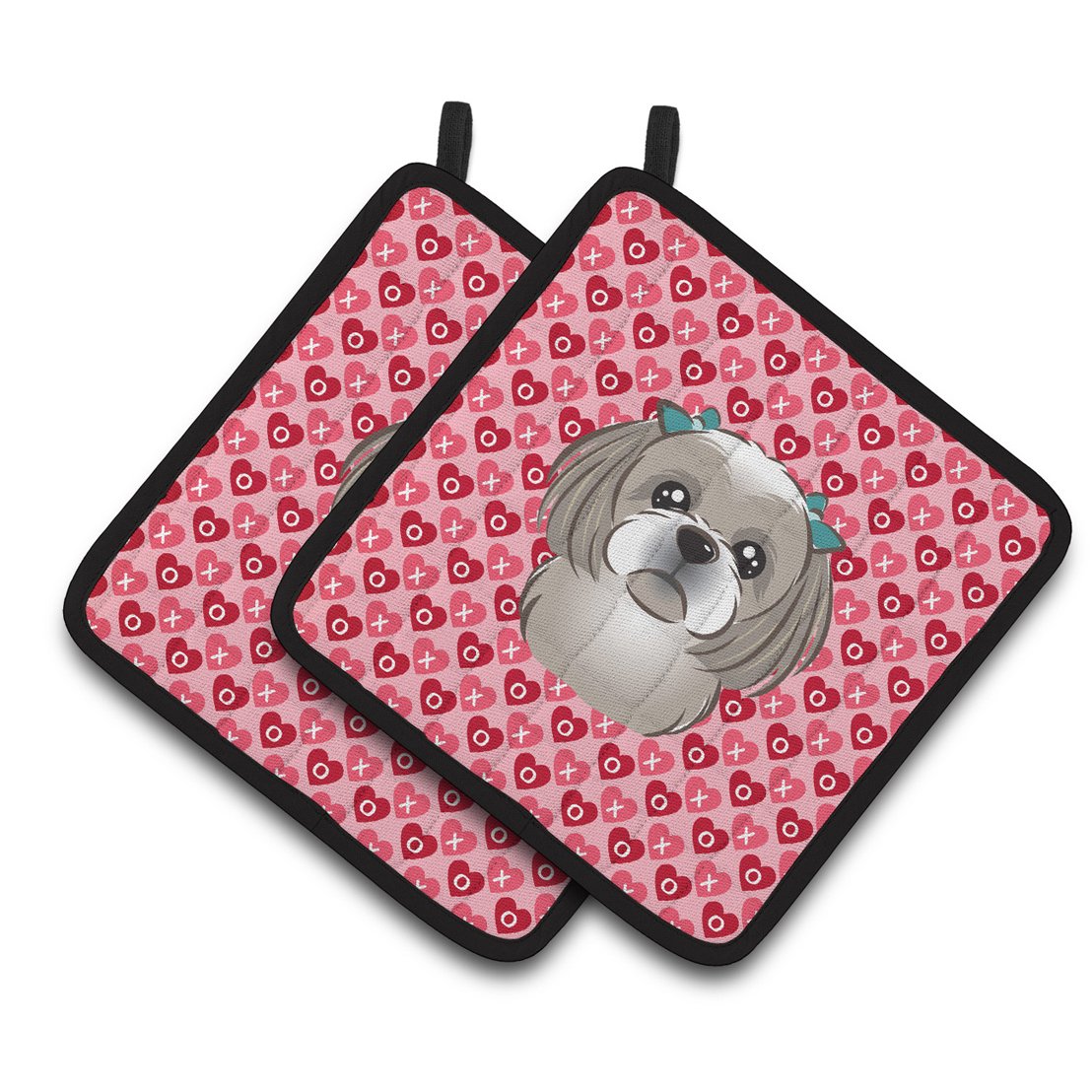 Caroline's Treasures Gray Silver Shih Tzu Hearts Pair of Pot Holders