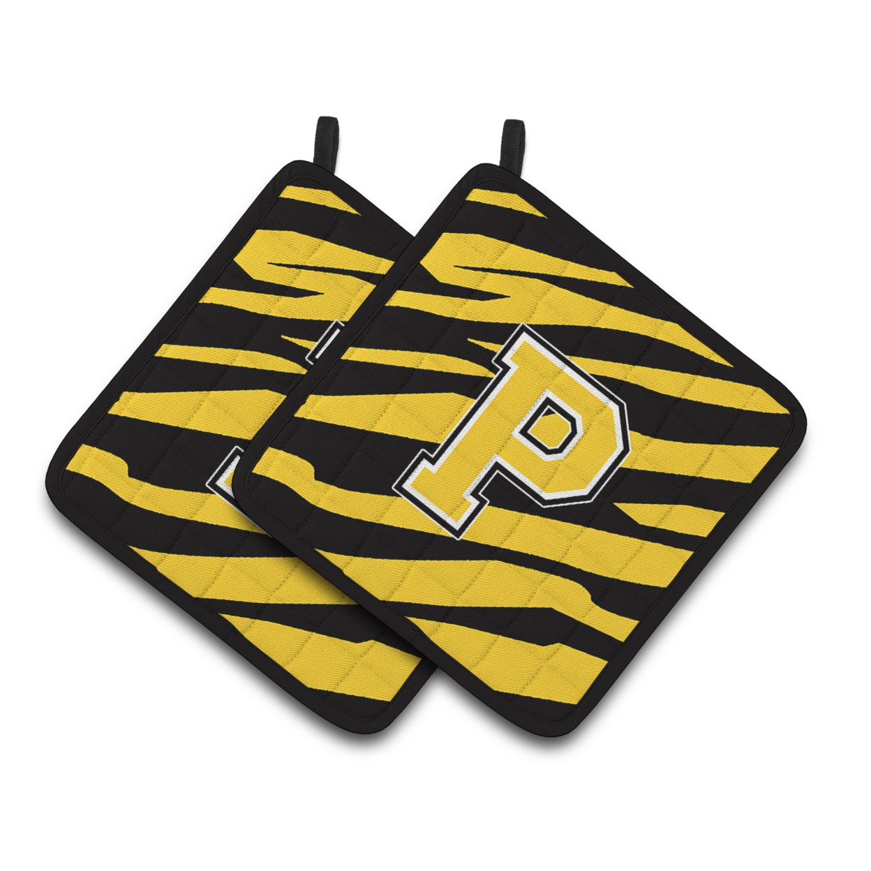 Caroline's Treasures Monogram Initial P Tiger Stripe - Black Gold Pair of Pot Holders