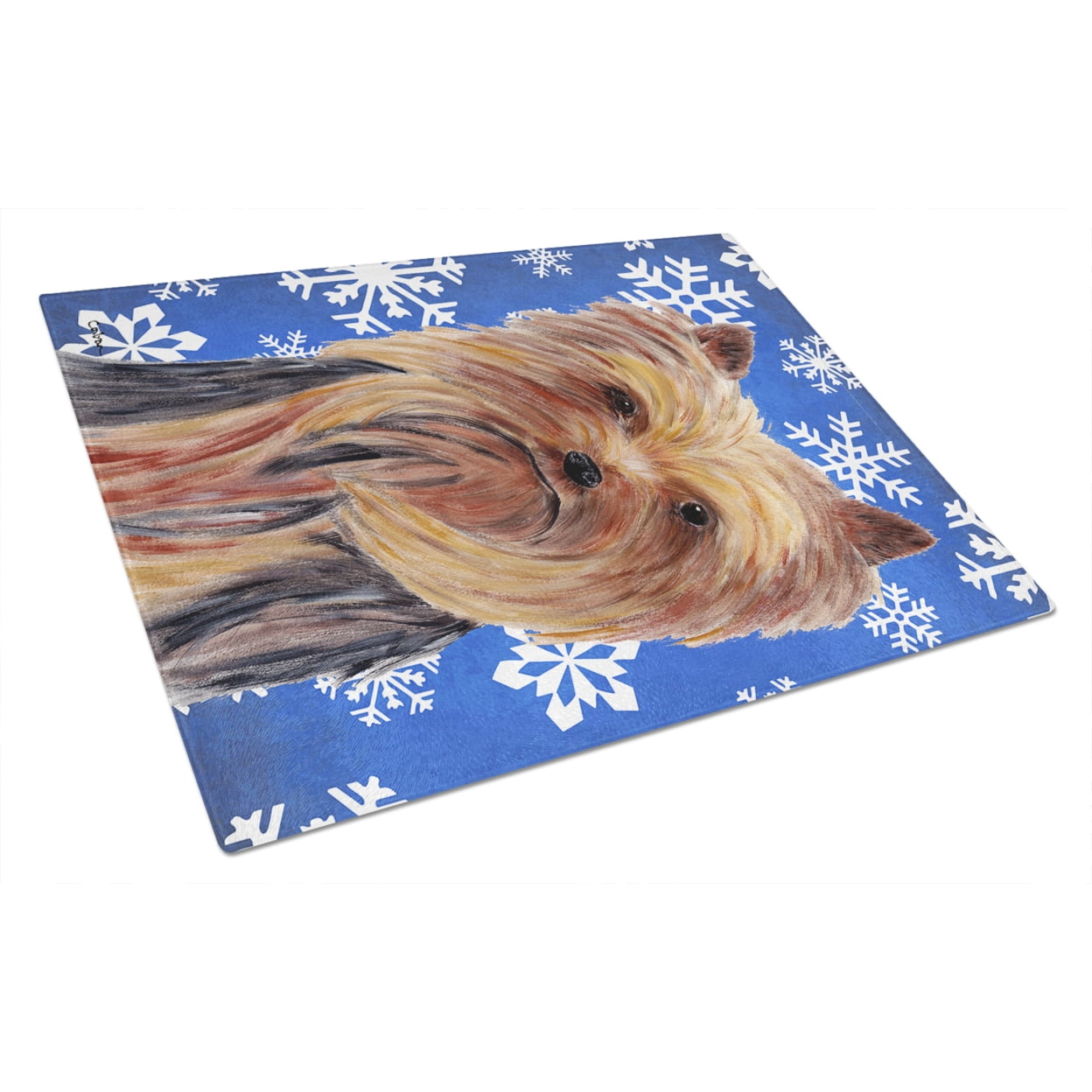 Caroline's Treasures SC9365LCB Yorkie Winter Snowflakes Holiday Glass Cutting Board Large, 12H x 16W, multicolor