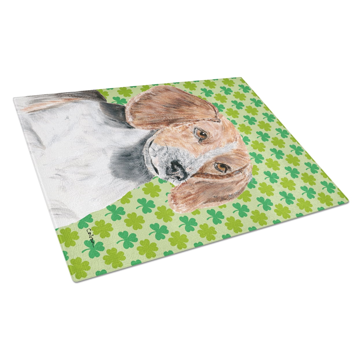 Caroline's Treasures SC9579LCB English Foxhound Lucky Shamrock St. Patrick's Day Glass Cutting Board Large, 12H x 16W,