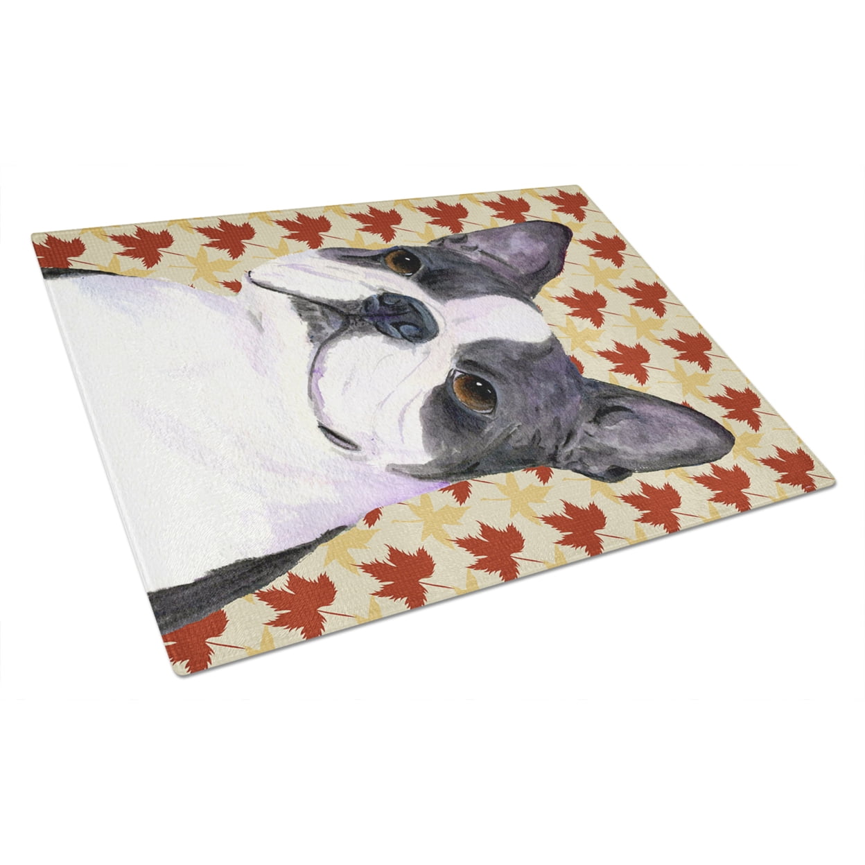 Boston Terrier Fall Leaves Portrait Glass Cutting Board Large