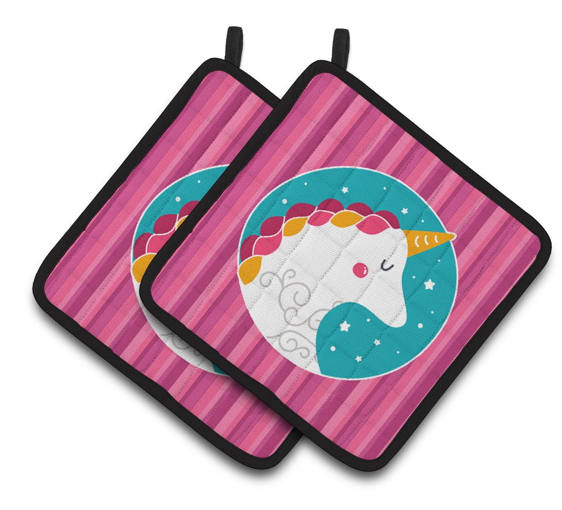 Caroline's Treasures Unicorn Pink Stripes Pair of Pot Holders