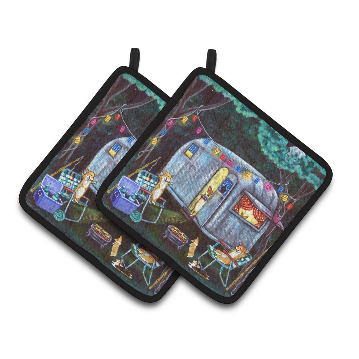 Carolines Treasures 7435PTHD Corgi Glamping Fish Tales Trailer Pair of Pot Holders , 7.5HX7.5W, multicolor