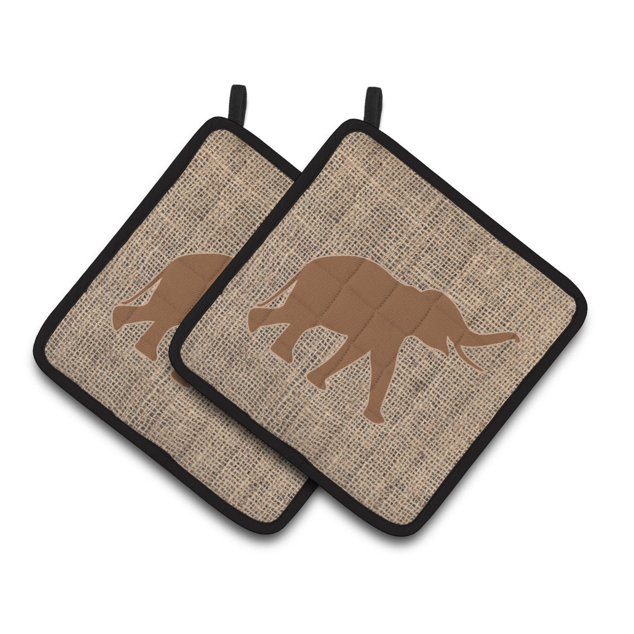 Elephant Faux Burlap and Brown Pair of Pot Holders