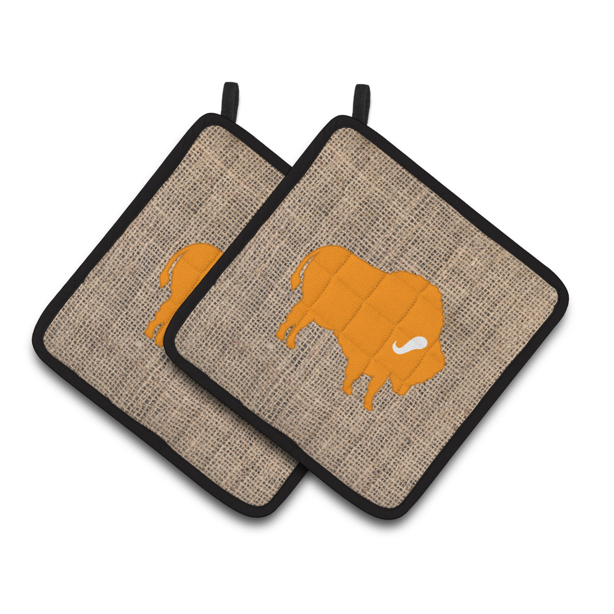 Carolines Treasures BB1127-BL-OR-PTHD Buffalo Faux Burlap and Orange Pair of Pot Holders , 7.5HX7.5W, multicolor