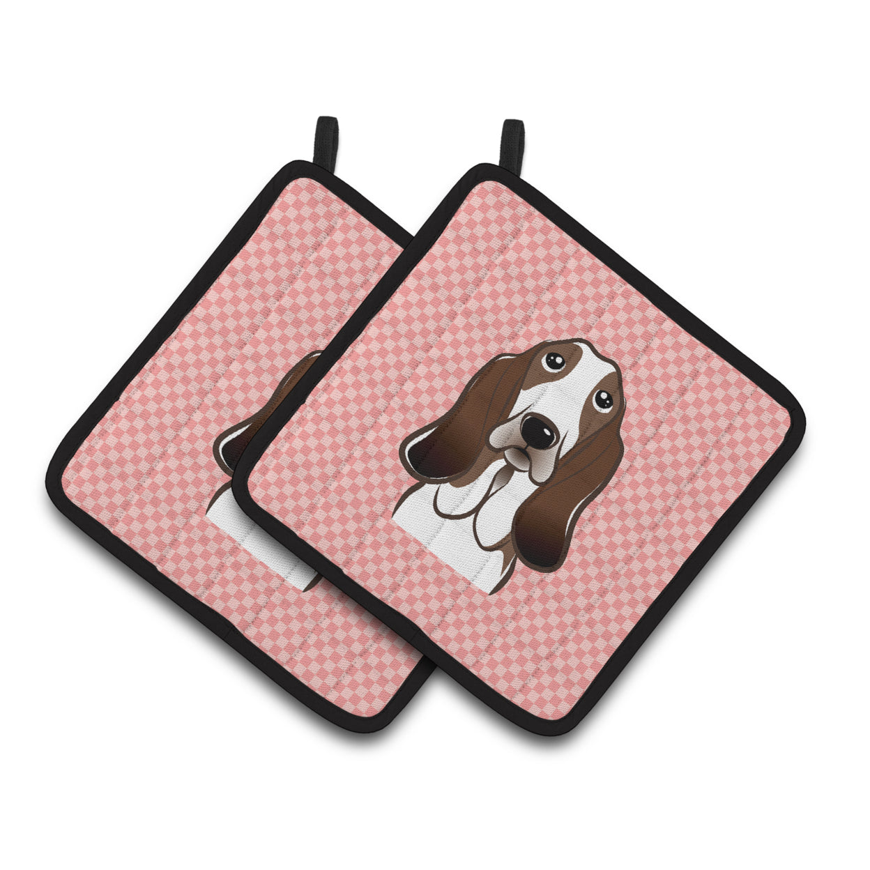 Carolines Treasures BB1243PTHD Checkerboard Pink Basset Hound Pair of Pot Holders , 7.5HX7.5W, multicolor