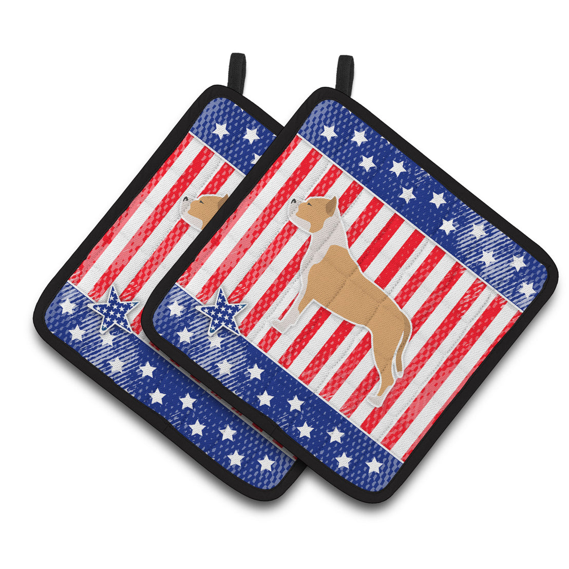 Carolines Treasures BB3354PTHD USA Patriotic Staffordshire Bull Terrier Pair of Pot Holders 7.5HX7.5W multicolor
