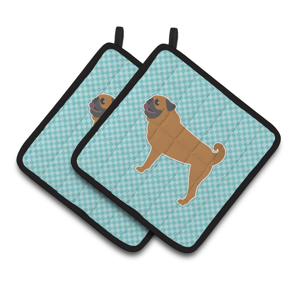 Carolines Treasures BB3747PTHD Pug Checkerboard Blue Pair of Pot Holders 7.5HX7.5W multicolor