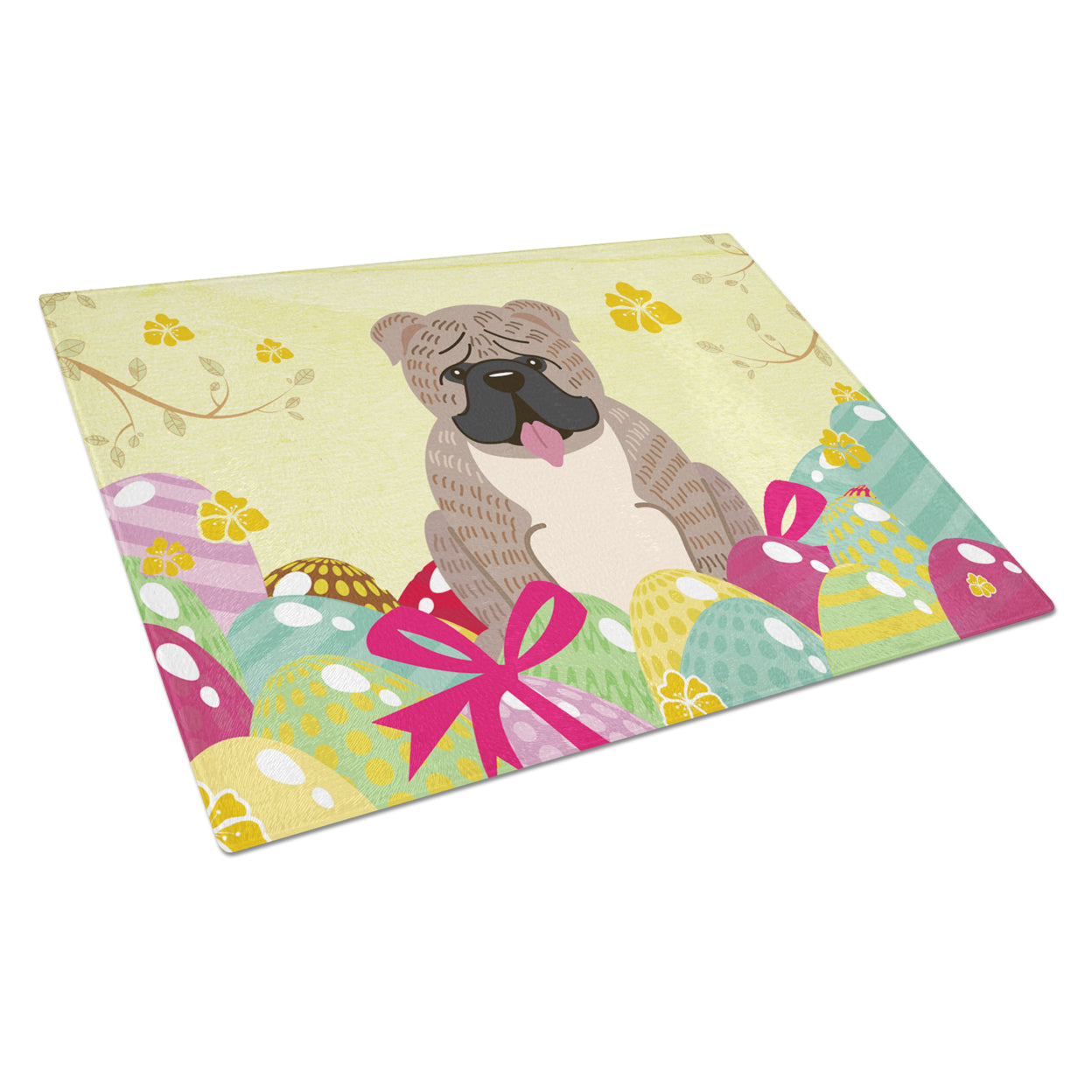 Carolines Treasures BB6126LCB Easter Eggs English Bulldog Grey Brindle Glass Cutting Board Large, 12H x 16W, multicolor