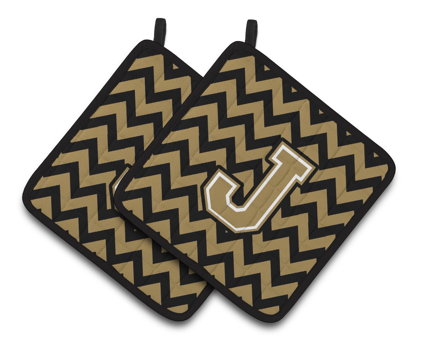 Letter J Chevron Black and Gold Pair of Pot Holders