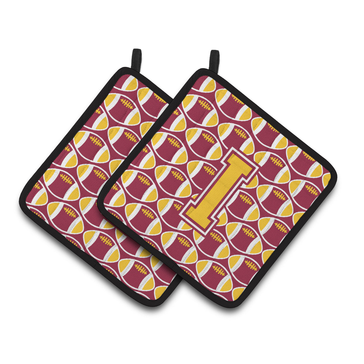 Letter I Football Maroon and Gold Pair of Pot Holders