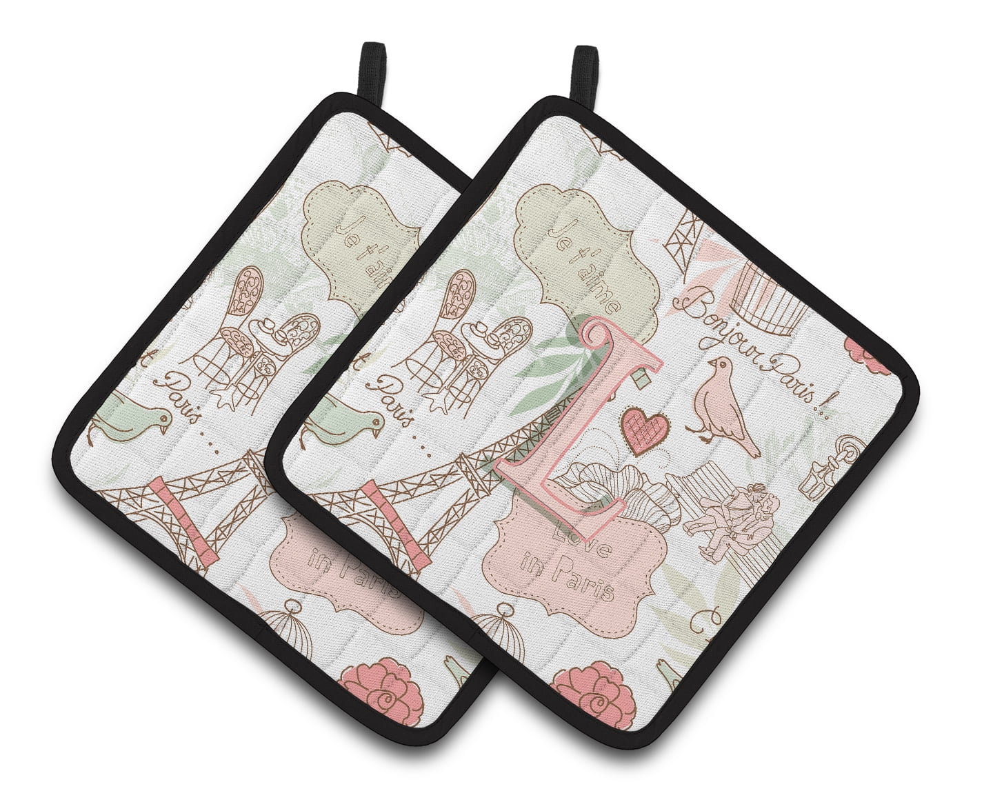 Carolines Treasures CJ2002-LPTHD Letter L Love in Paris Pink Pair of Pot Holders, 7.5 x 3 x 7.5 in.