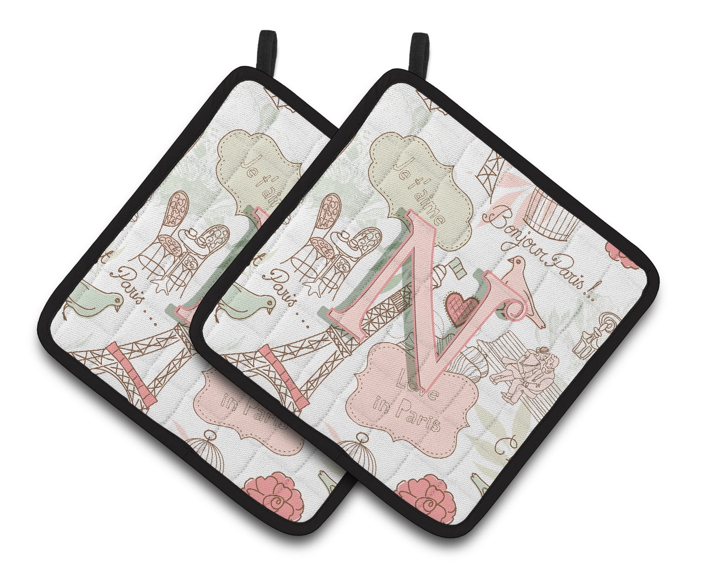 Carolines Treasures CJ2002-NPTHD Letter N Love in Paris Pink Pair of Pot Holders, 7.5 x 3 x 7.5 in.