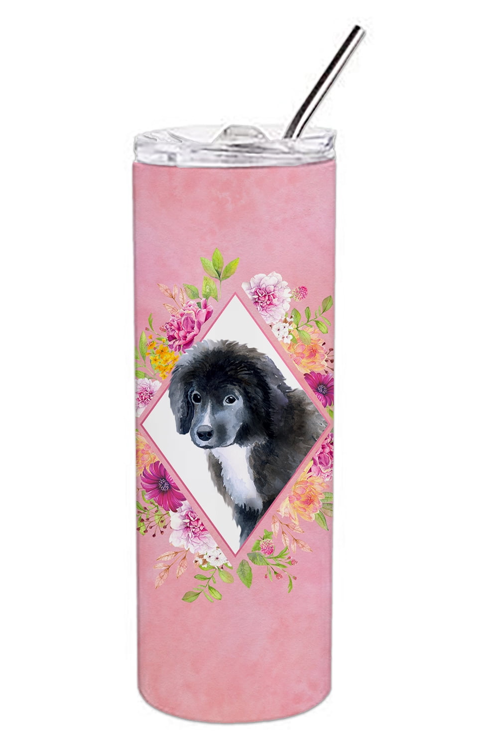 Carolines Treasures CK4164TBL20 Newfoundland Puppy Pink Flowers Stainless Steel 20 oz Skinny Tumbler 20 oz multicolor