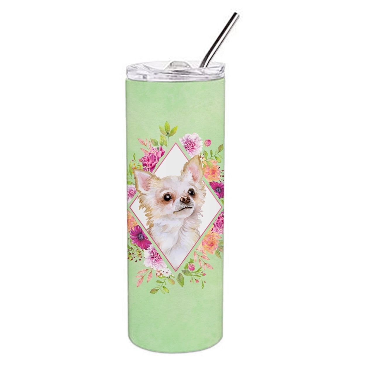 Carolines Treasures CK4287TBL20 Long Hair Chihuahua Green Flowers Stainless Steel 20 oz Skinny Tumbler 20 oz multicolor