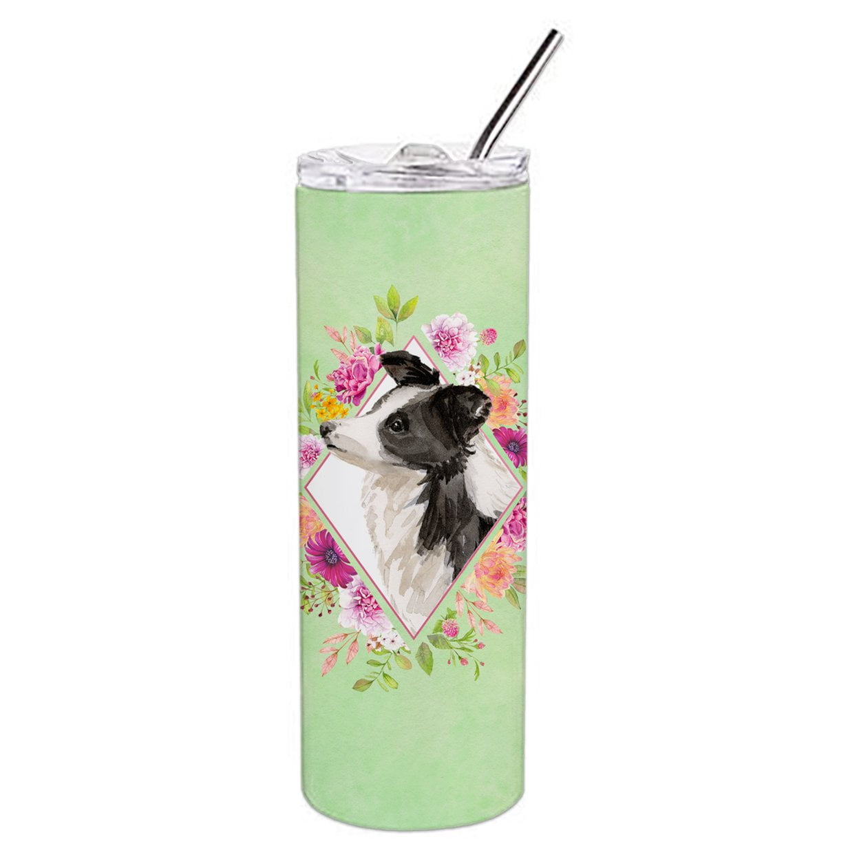 Carolines Treasures CK4418TBL20 Border Collie Green Flowers Stainless Steel 20 oz Skinny Tumbler 20 oz multicolor