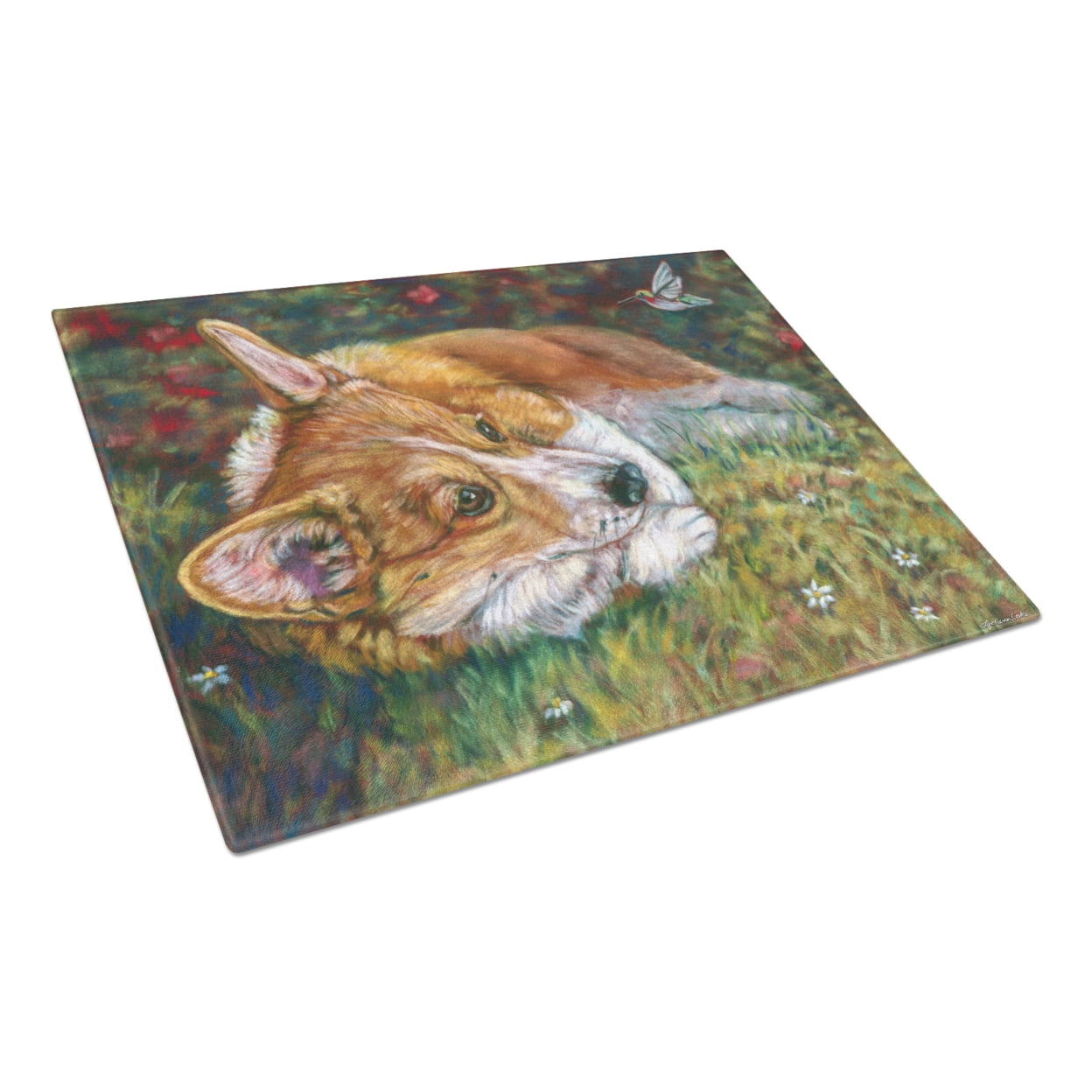 Carolines Treasures Corgi Pastel Hummingbird Glass Cutting Board Large 12H x 16W multicolor