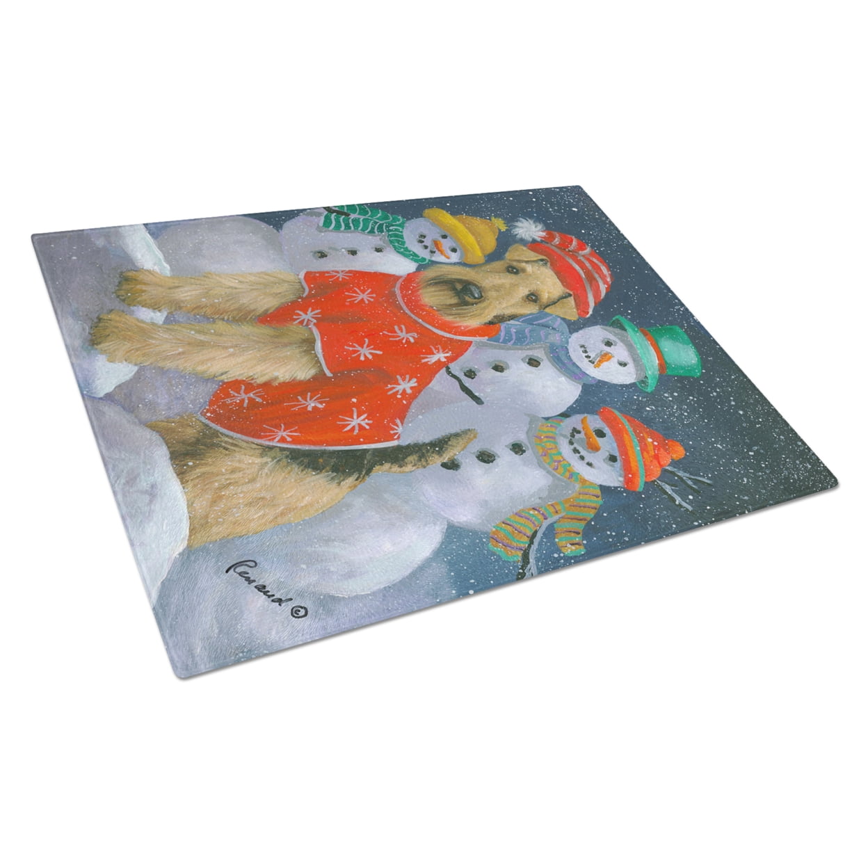 Carolines Treasures PPP3005LCB Airedale Snowpeople Christmas Glass Cutting Board Large, 12H x 16W, multicolor