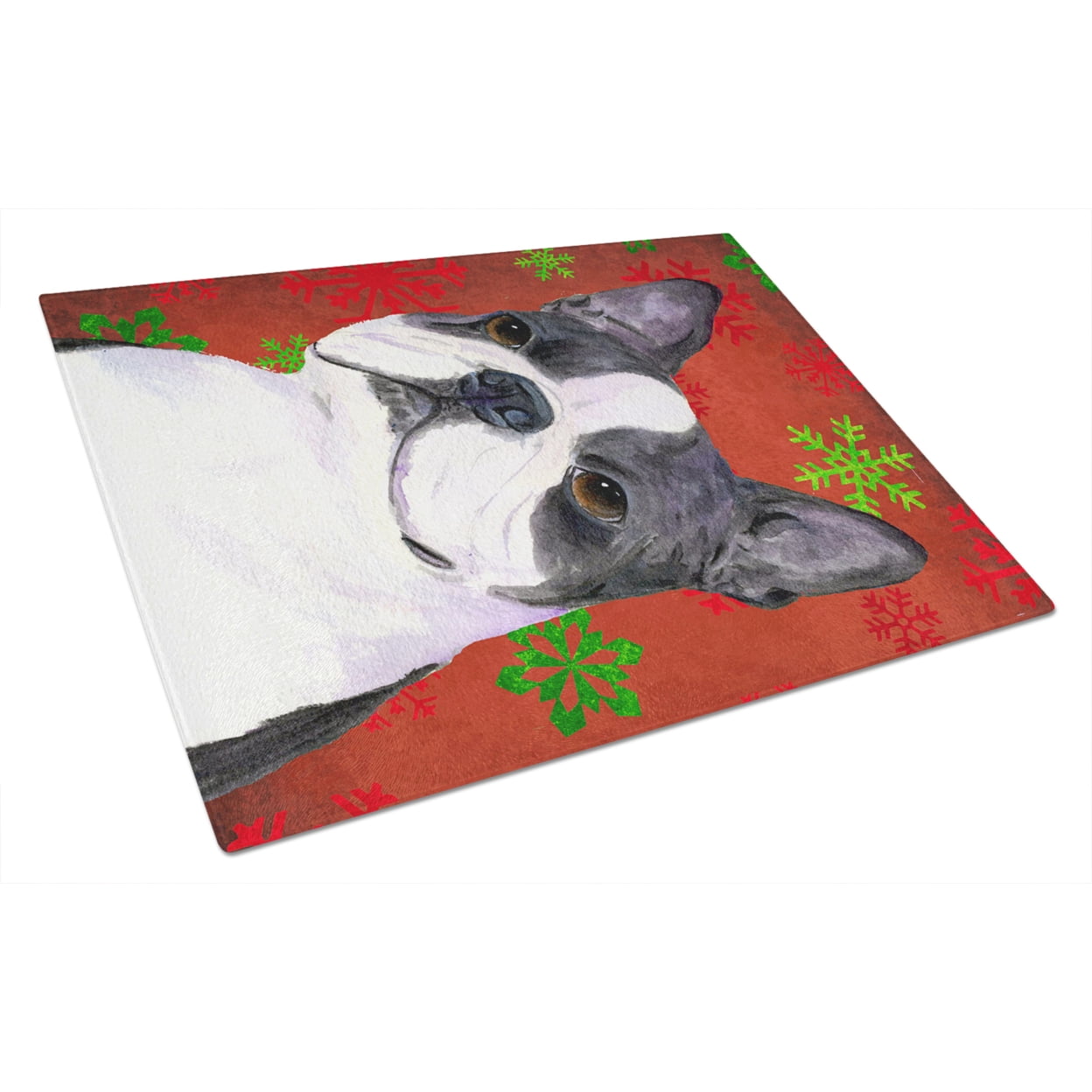 Carolines Treasures SS4723LCB Boston Terrier Red Green Snowflakes Christmas Glass Cutting Board Large, 12H x 16W,