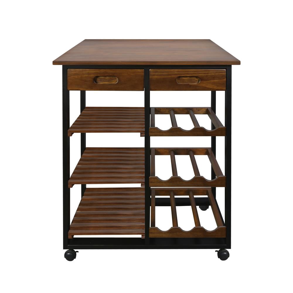 Casual Home Solid Wood 28" Wide Rolling Kitchen Island Trolley with Wine Rack and Drawer