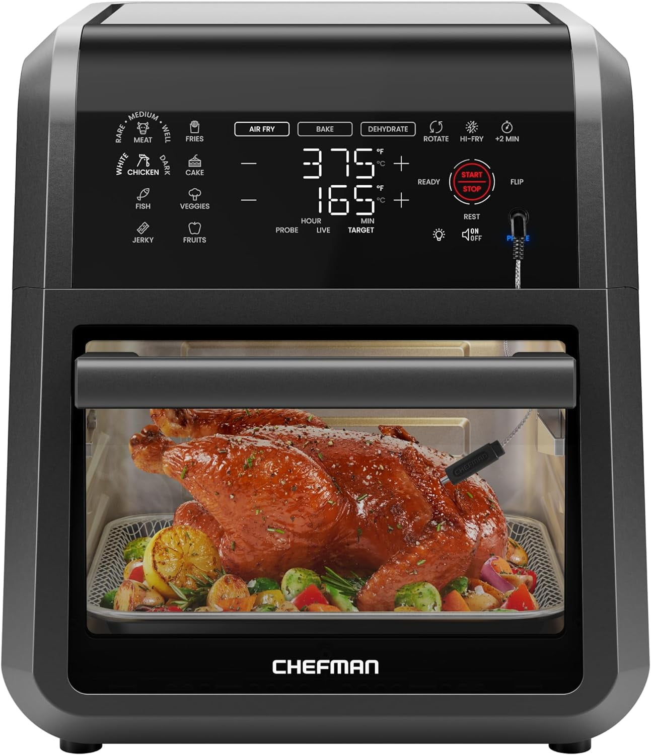 Chefman ExacTemp 12 Quart 5-in-1 Air Fryer with Integrated Smart Thermometer, 28 Presets - Black, New