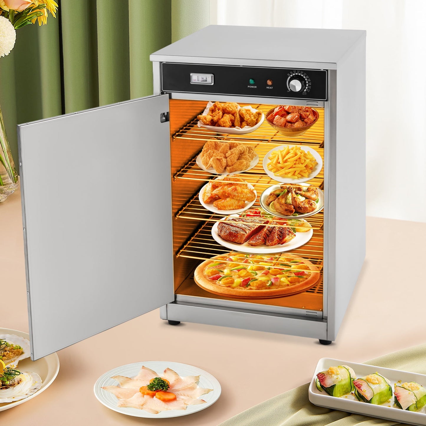ChicHomey Food Warmer Cabinet, 5 Compartment Commercial Hot Box, 600W Power, Adjustable 30-85°C, Stainless Steel, Real-Time Temperature Display, and Space-Saving Design