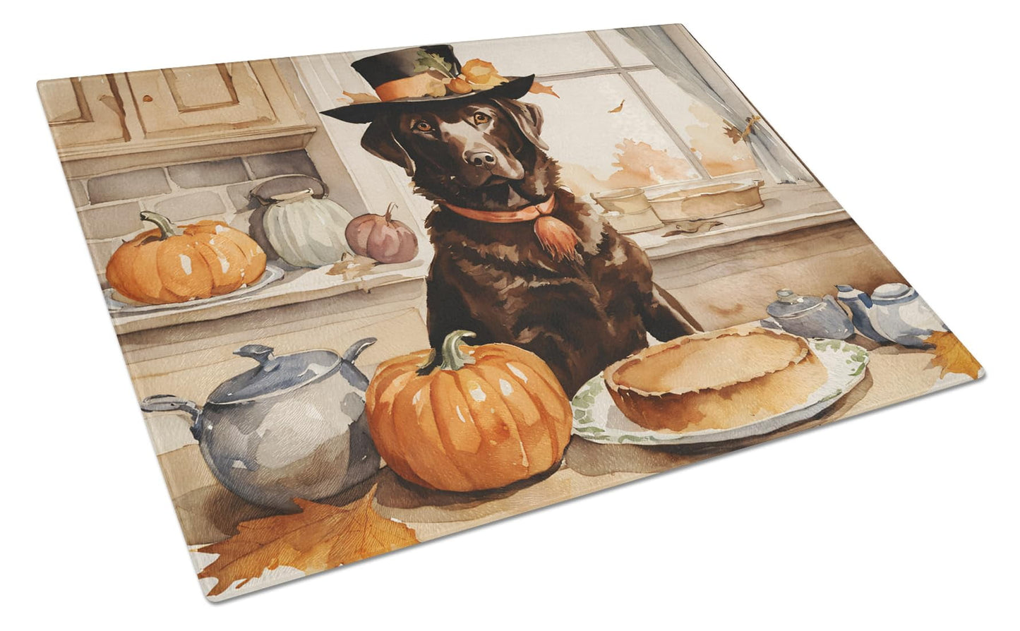 Chocolate Lab Fall Kitchen Pumpkins Glass Cutting Board Large 12 in x 15 in