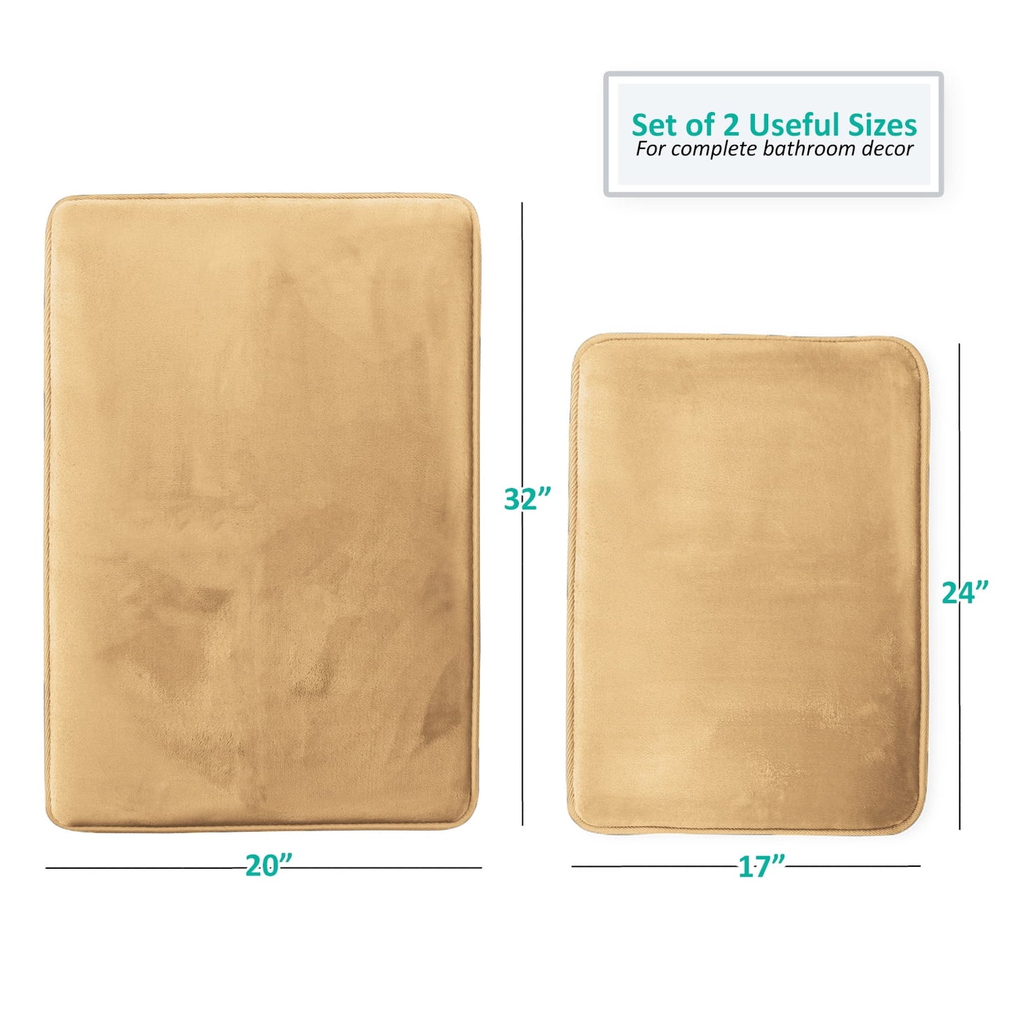 Clara Clark 2 Piece Premium Memory Foam Bathroom Mat Set, 17x24 Plus 20x32 Inch Bath Rugs, Camel Gold