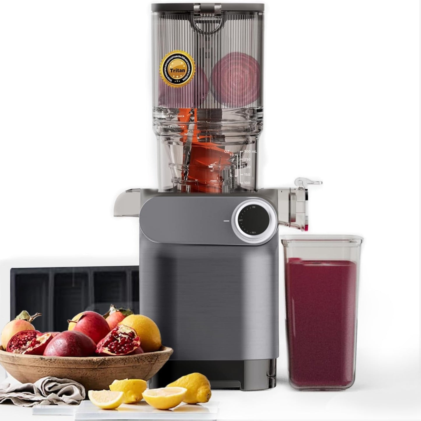 Cold Press Juicer, 200W Slow Masticating Juicer 4.3" Large Feed Chute Fit Whole Fruits Vegetables | Heavy Duty Auger | BPA Free | Easy to Clean (Gray)
