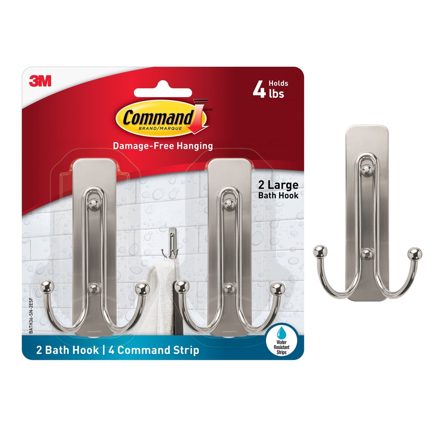 Command Bath Large Satin Nickel Double Hooks, 2pk