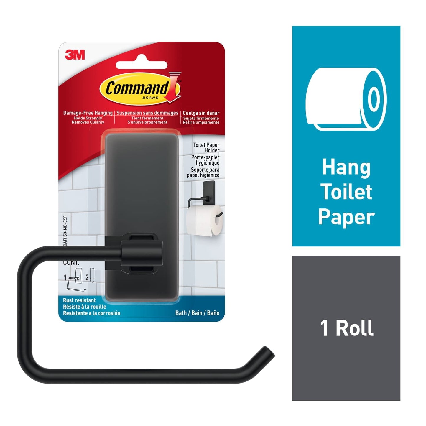Command Portarrollos de Papel Higiénico Negro Mate para Baño, 1 Portarrollos de Papel Higiénico, 2 Tiras