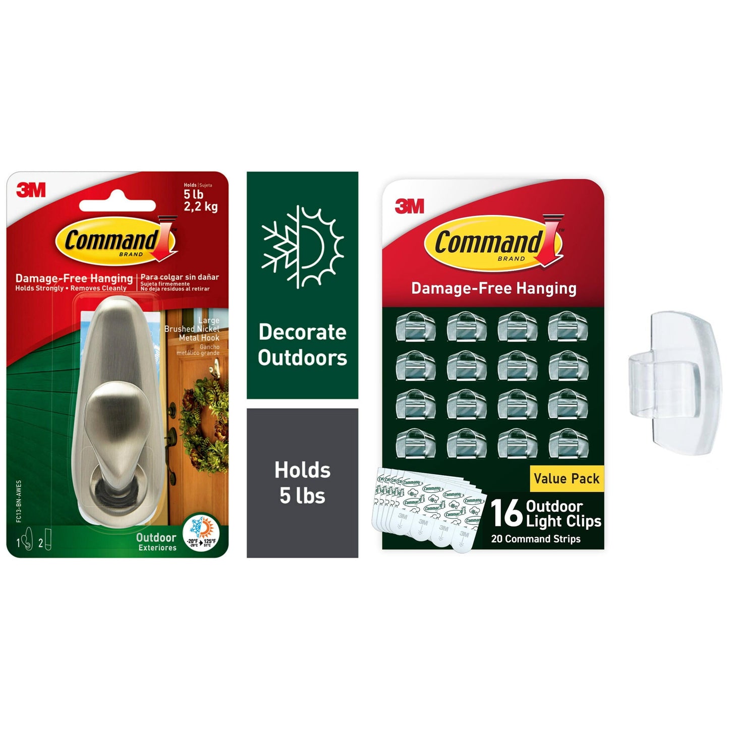 Command Outdoor Holiday D̩cor Bundle with 1 Large Brushed Nickel Hook and 16 Outdoor Light Clips