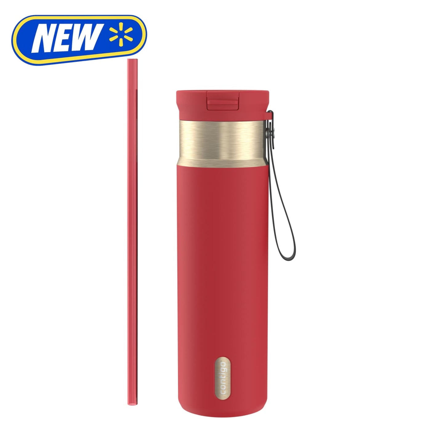 Contigo 24 oz SnapSeal Leak-Proof Stainless Steel Water Bottle – Keeps Drinks Hot & Cold, Reusable Straw, Spill-Proof for Bags, Carry Strap, Red/Champagne