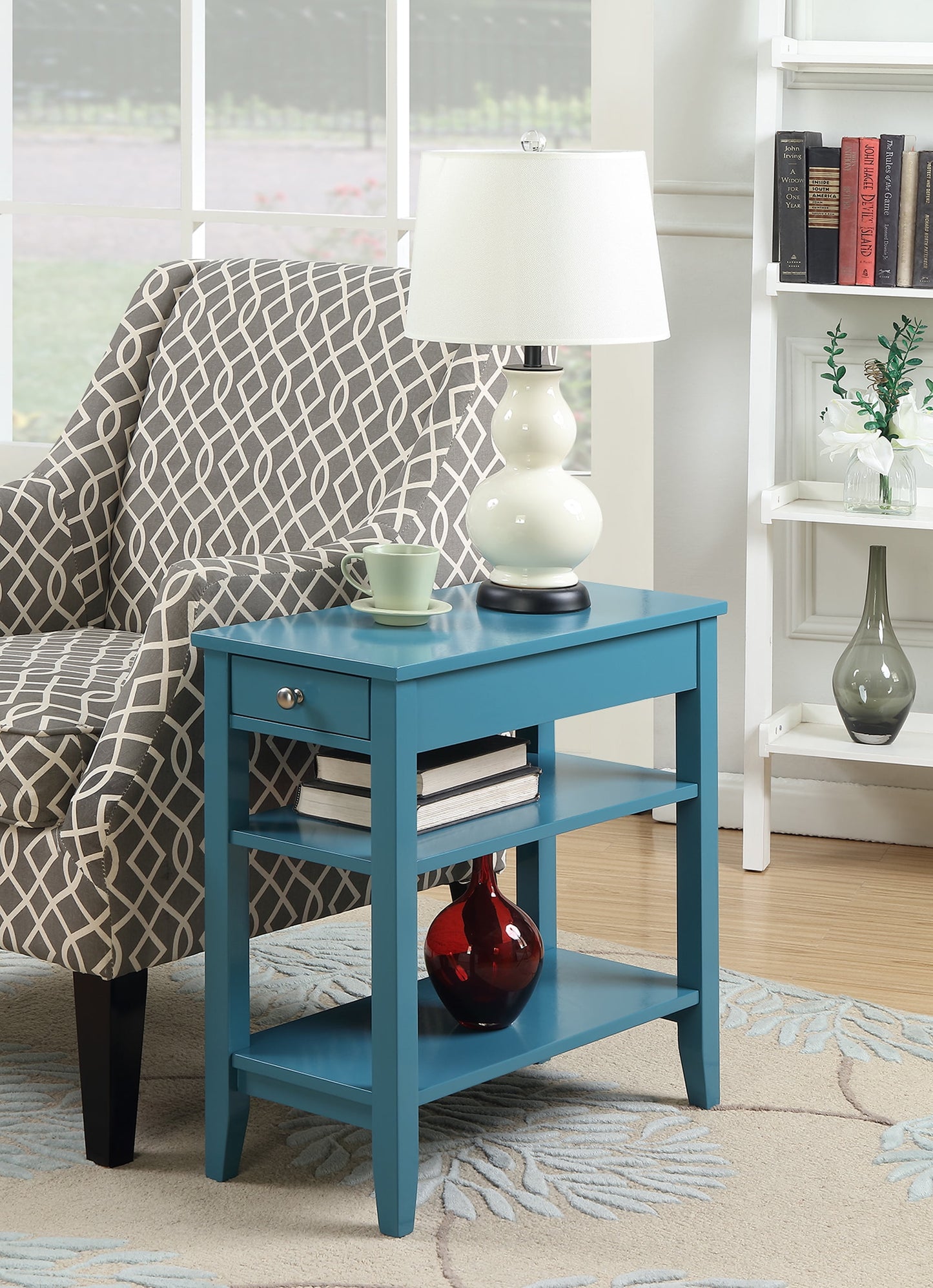Convenience Concepts American Heritage 1 Drawer Chairside End Table with Shelves, Blue