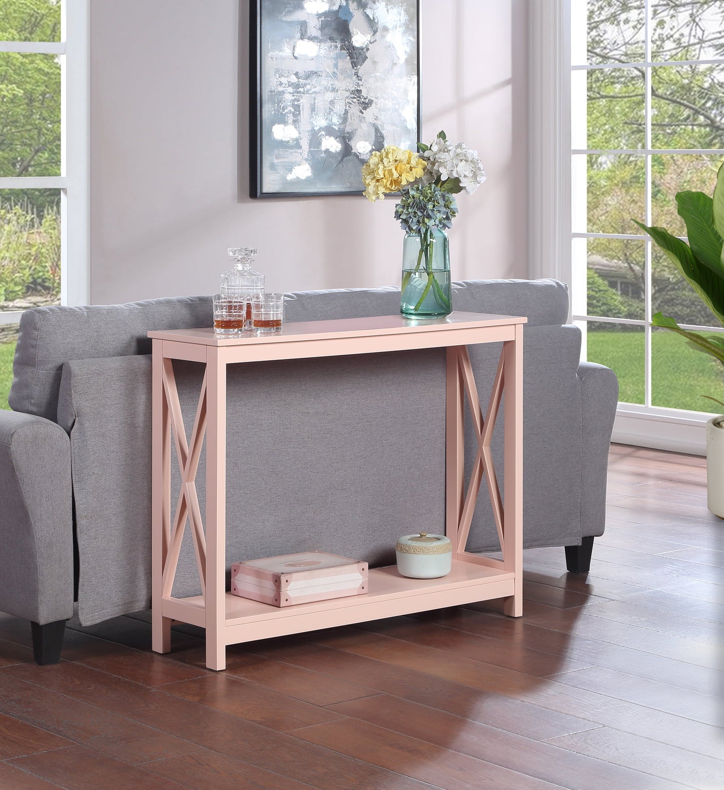 Convenience Concepts Oxford Console Table with Shelf, Blush Pink