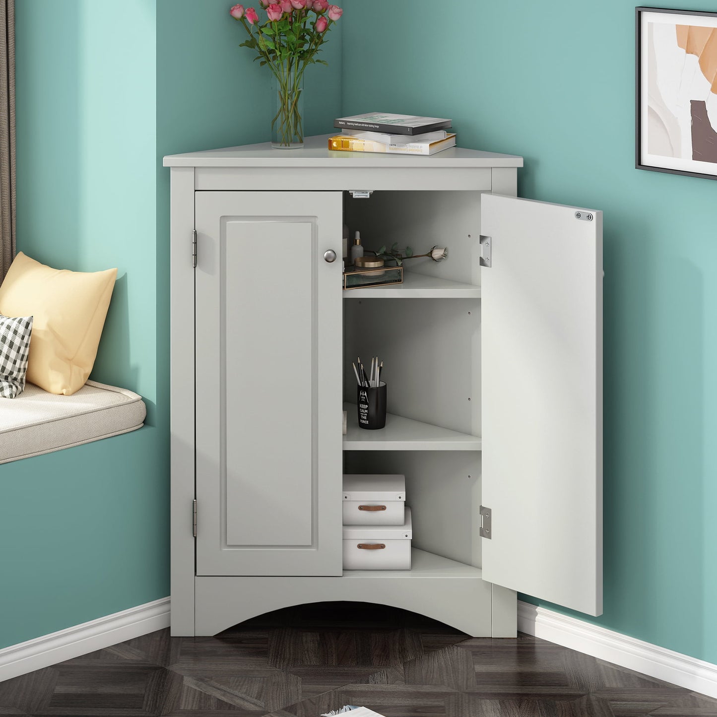 Corner Cabinet Storage Wooden Triangle Bathroom Storage Cabinet with Adjustable Shelves and Two Doors for Kitchen, Living Room and Hall Grey