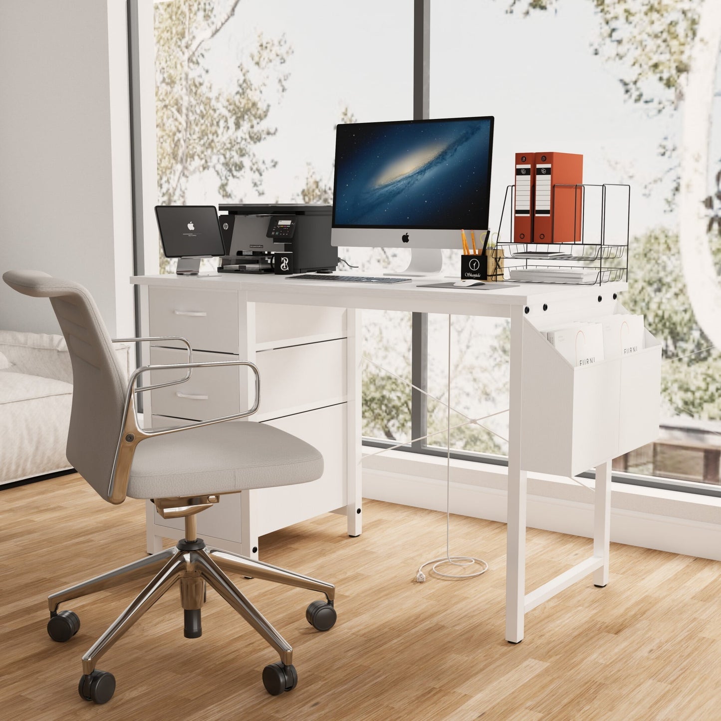 DEALTOPS Computer Desk with Power Outlets, Office desk with Reversible Fabric Drawers and Side Pocket, Black