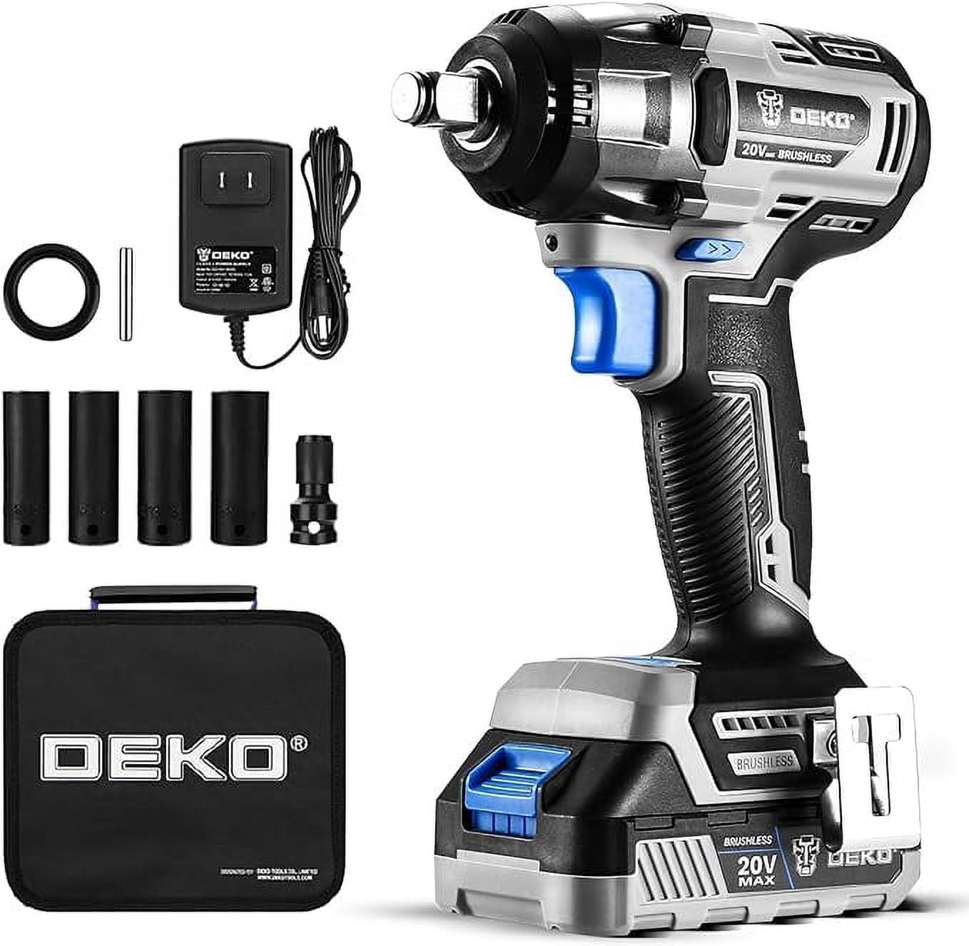 DEKOPRO 20V Cordless Impact Wrench, 1/2 Inch Chuck, 3200 RPM, 258 ft-lbs Max Torque, Li-ion Battery, Fast Charger, Tool Bag