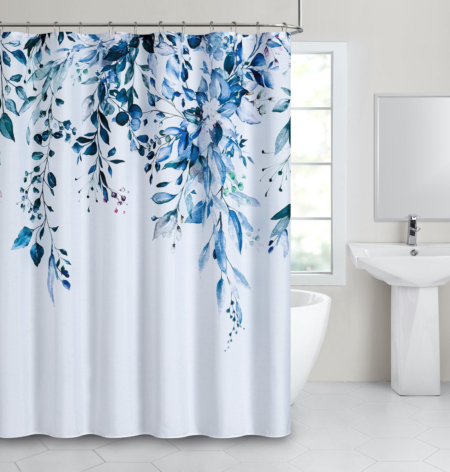 Dainty Home Blue Whisper Floral Fabric Shower Curtain – 3D Textured Design, Water-Repellent, Machine-Washable Bathroom Curtain, 70" x 72"