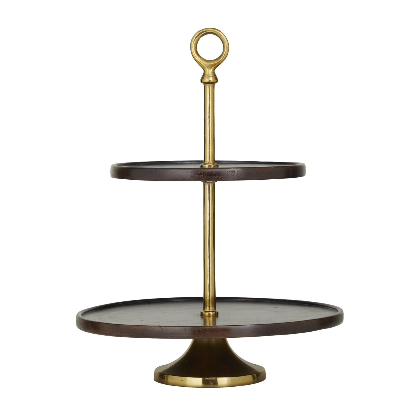 DecMode 14" x 18" Dark Brown Mango Wood 2 Tiered Server with Gold Stand, 1-Piece