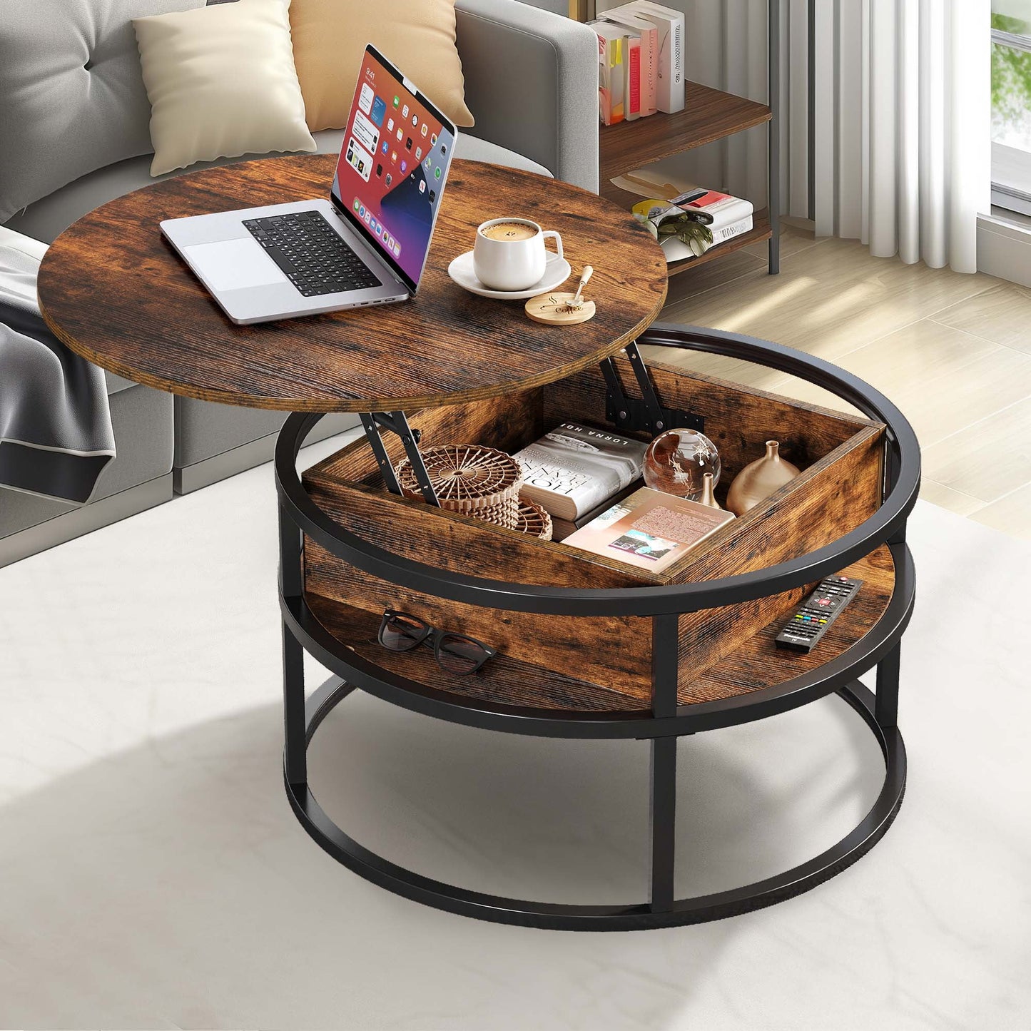 DEXTRUS Modern Lift-Top Round Coffee Table with Storage, Marble White, for Living Room & Office