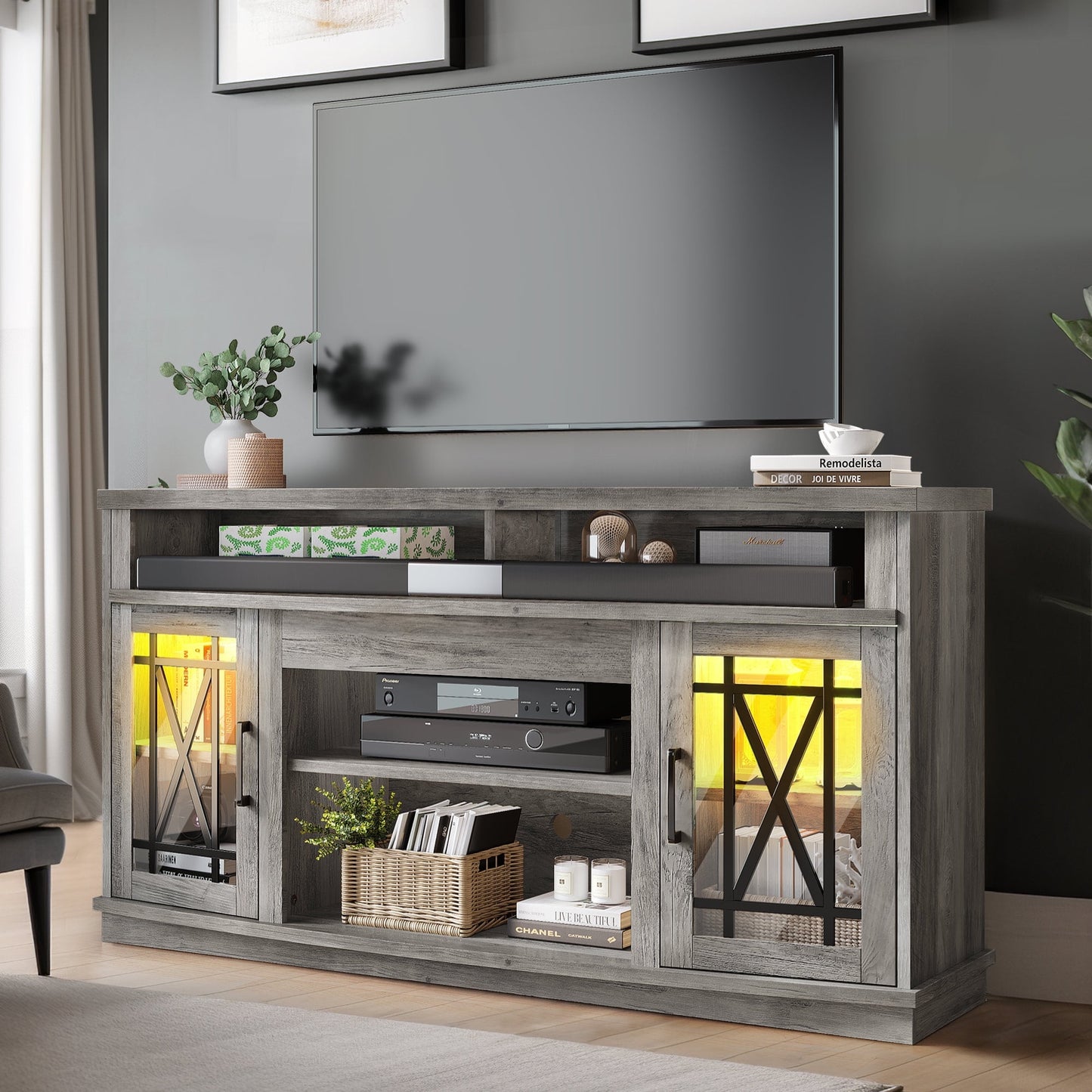 Dextrus TV Stand with LED Lights for TVs up to 70", Entertainment Center Media Console Cabinet with Glass Door, Rustic Gray
