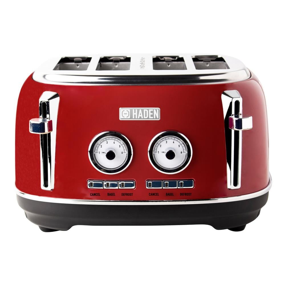 Dorset 1500-Watt 4-Slice Red Wide Slot Retro Toaster with Removable Crumb Tray and Browning Control