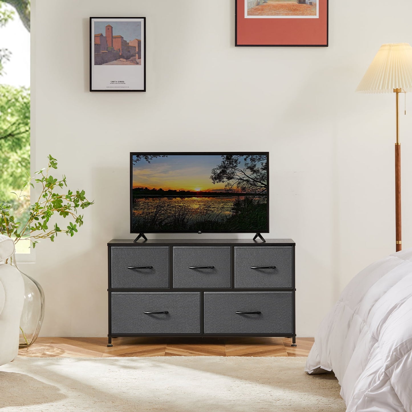 MAYEERTY 5 Drawers Dresser for Bedroom, Fabric Chest of Drawers Tall Storage Tower, Gray