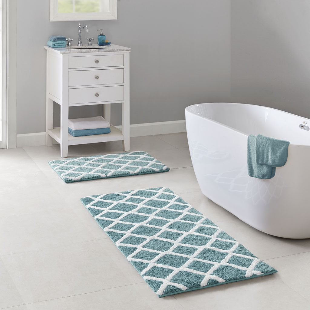 MAYEERTY Reversible High Pile Tufted Microfiber Bath Rug, Aqua, 21"W x 34"L