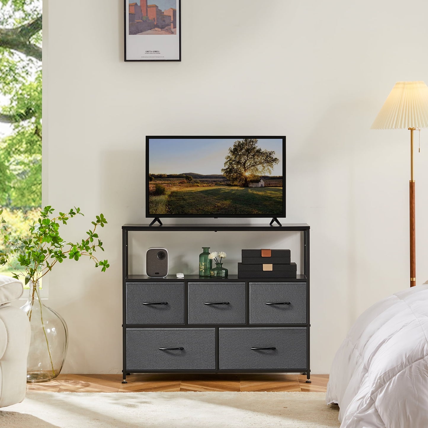 MAYEERTY TV Stand with Fabric Storage, Tower Storage Cabinet Dresser & Chest of 5 Drawers Organizer, Gray