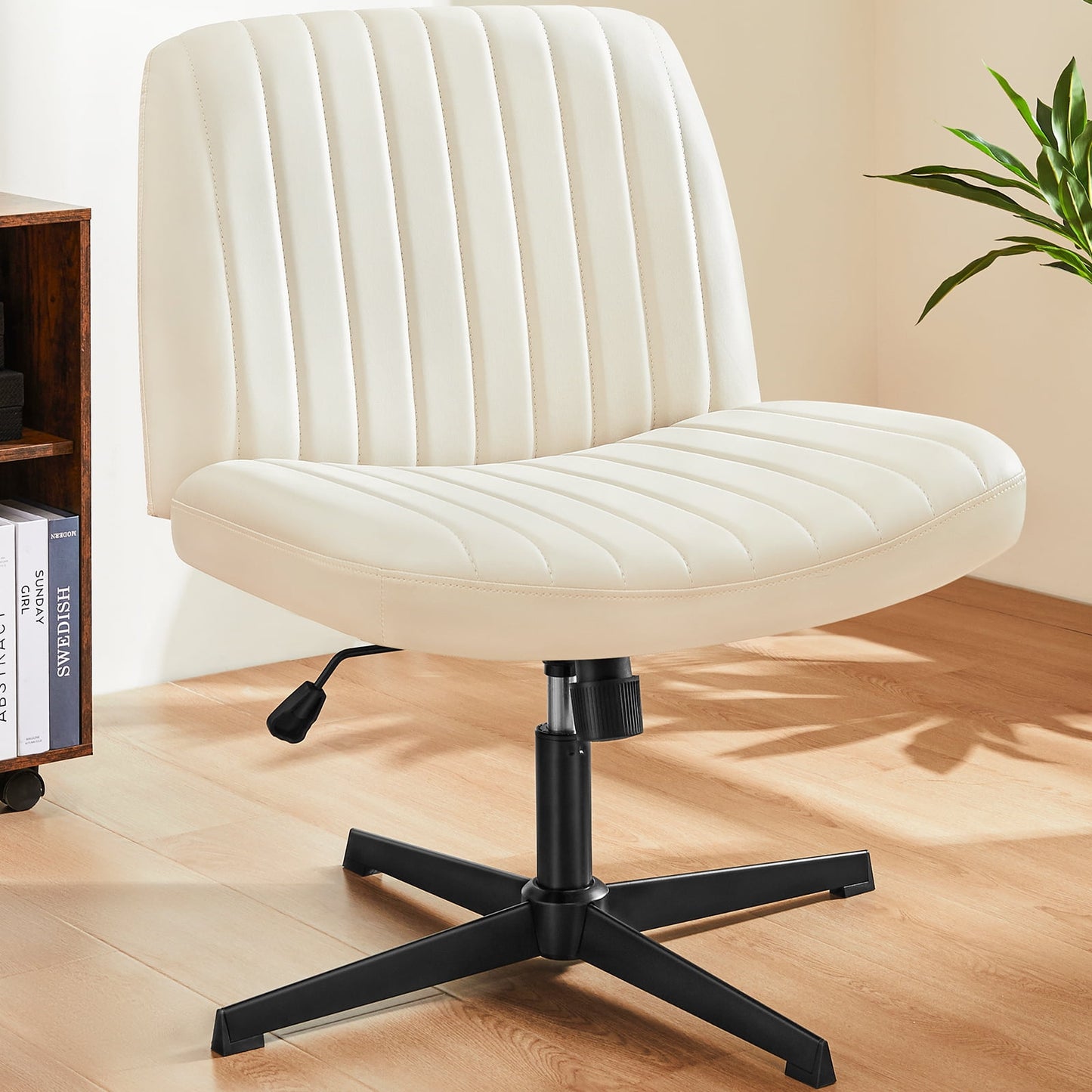 MAYEERTY Wide Desk Chair ,No Wheels Cross Legged Office Chair Armless Office Chair,Cream