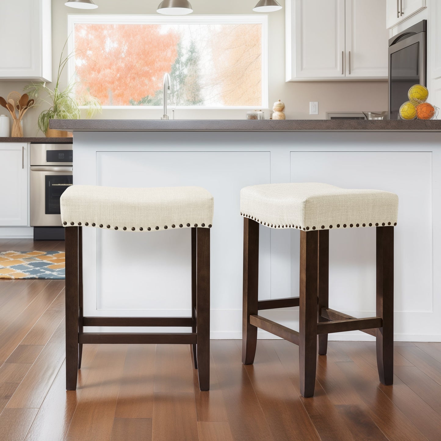 DyFun 24" Bar Stools Backless Modern Counter Stool Chairs Wooden Kitchen Island Stools (Set of 2, Ivory)